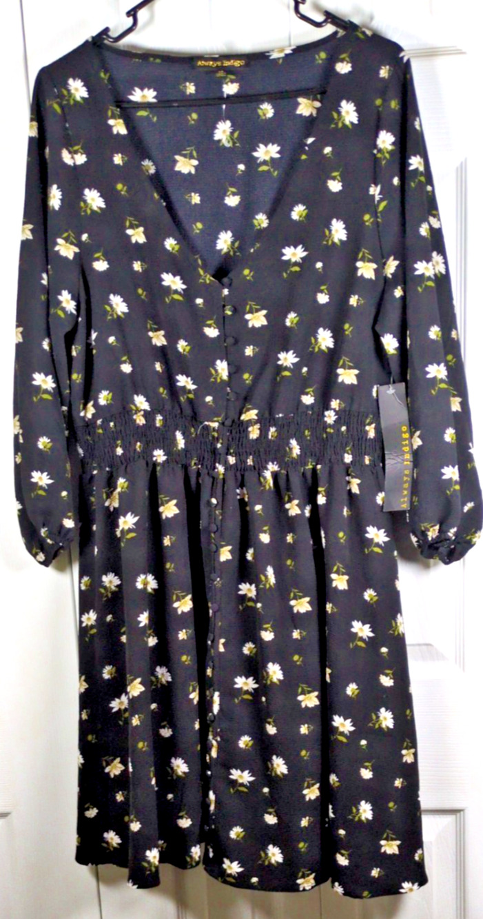 NWT Always Indigo Midi Dress Women 1X Plus Black Ditsy Floral Long Sleeve V-Neck
